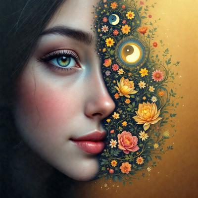 The primary subject of the image is a woman with a flower on her face. The setting is a flower-filled background, and the visual style is a combination of photo and digital art. The woman's face is the main focus of the image, and the dominant colors are pink and yellow. The overall atmosphere is vibrant and lively.